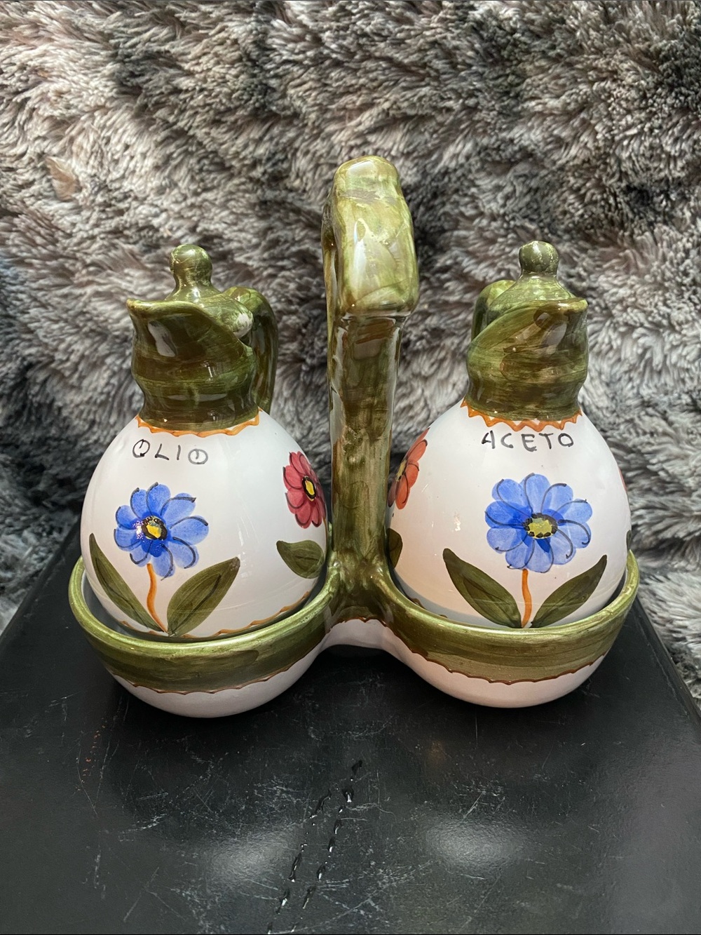 Italian Hand painted Oil and Vinegar set with Caddy